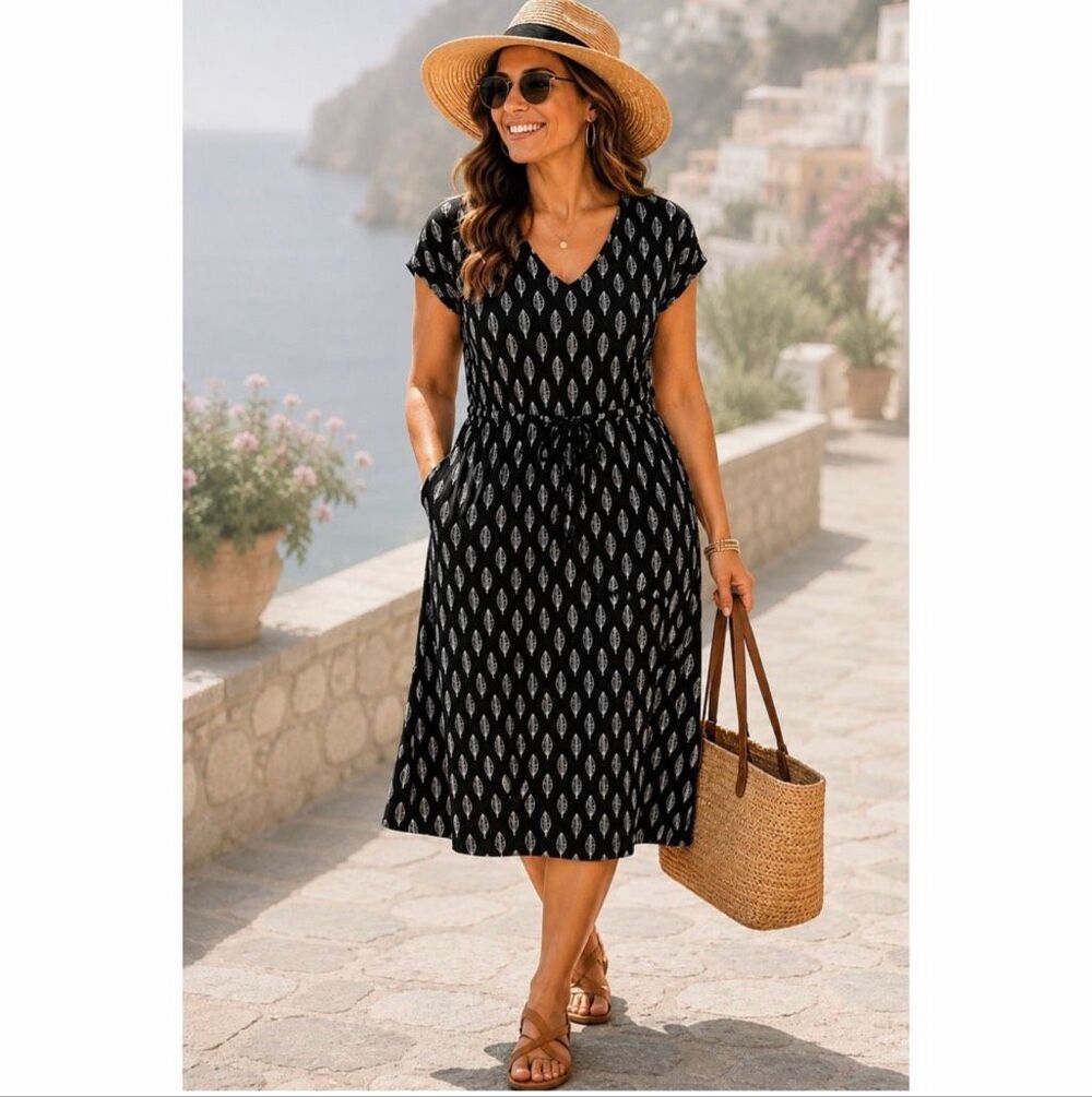 Soft Surroundings Women's Leaf Print Drawstring Waist Summer Dress Black L NEW